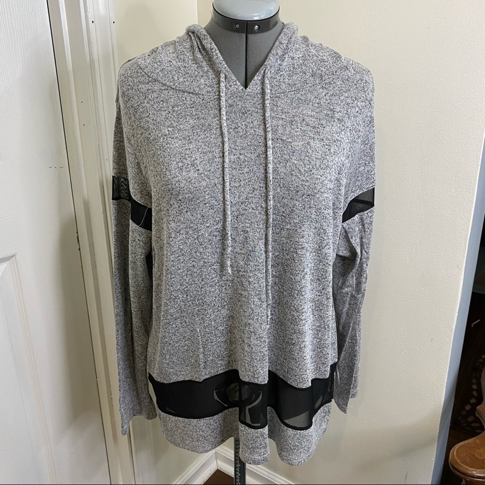 Occasion gray and black drawstring hoodie sweatshirt with sheer panels L